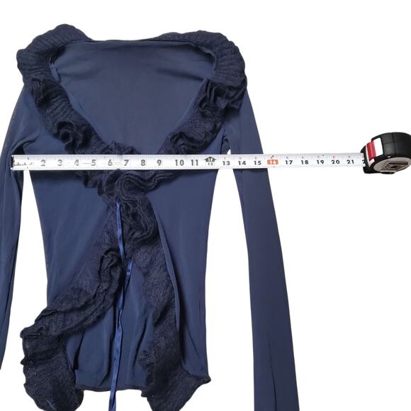 Y2k Euro Cardigan Mesh Navy Blue w/ Ruffle Front & Satin Bow - Small - Picture 7 of 8